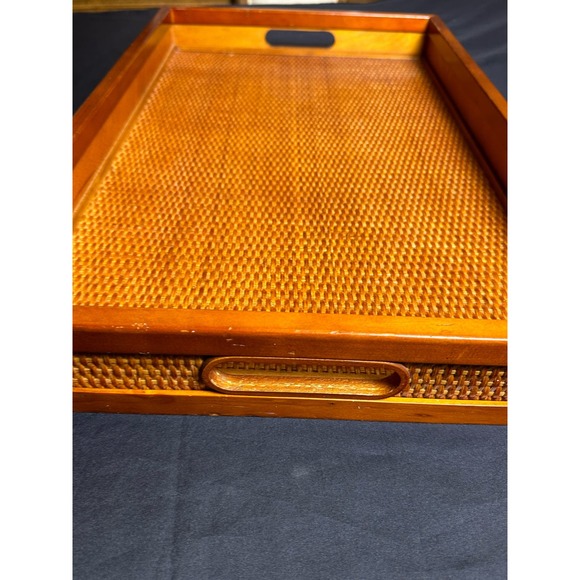Vintage Wooden Rattan Large Serving Tea Fruit Dinner Tray 21" x 13.5” - Picture 6 of 8